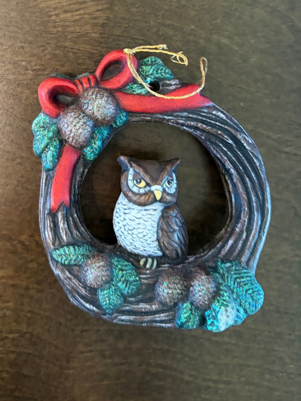 Vtg 80s Riverview Ceramic Owl Wreath Woodland Christmas Ornament Hand Painted 3"